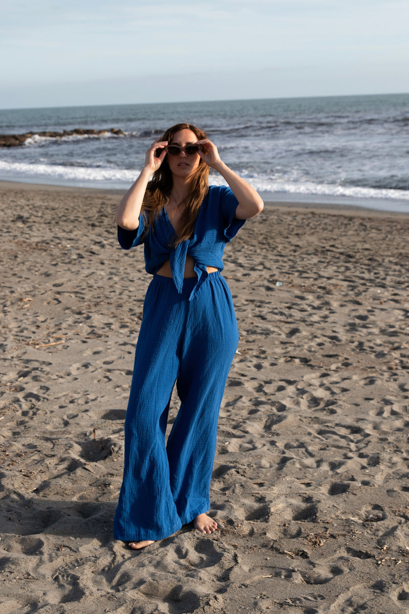 Jumpsuit Royalblau aus Musselin mit Schleife