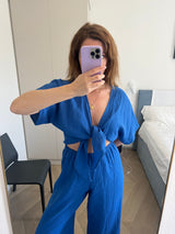 Jumpsuit Royalblau aus Musselin mit Schleife