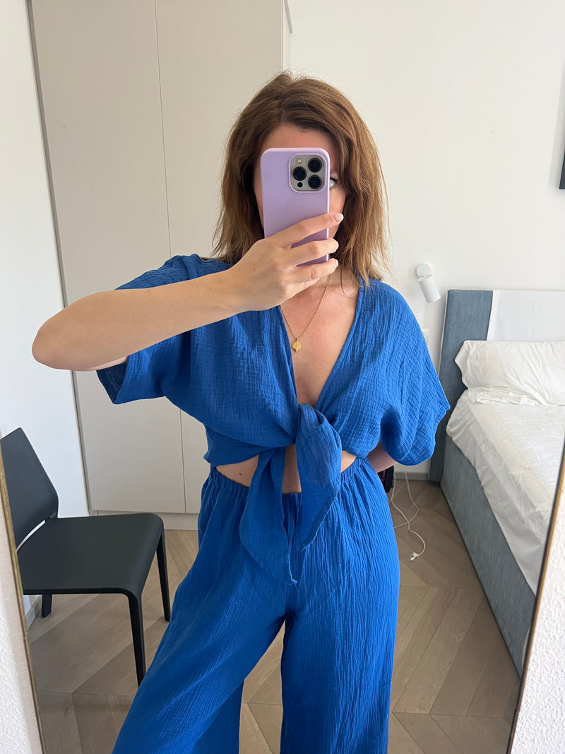 Jumpsuit Royalblau aus Musselin mit Schleife